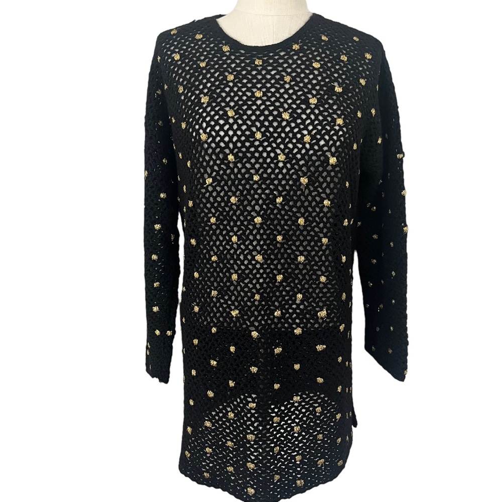 Vittadini Sport Wool Tunic Sweater Open Knit Black Gold Metallic